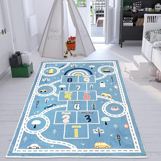 Kids Play Mat 4x6Ft Large Hopscotch Car Rug for Boys Bedroom Playroom Carpet Soft Classroom Educational Learning Area Children Rug, Blue