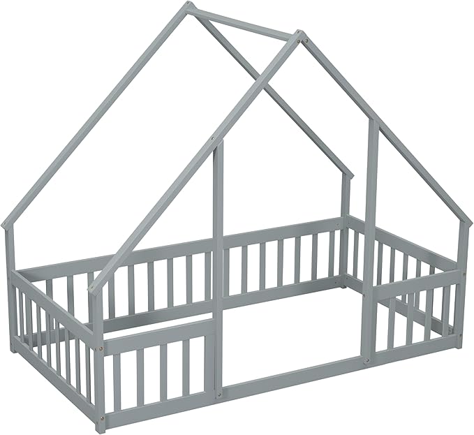 Bellemave Twin Floor Bed for Kids, Girls, Boys, Wood House Bed Frame, House Floor Bed, Twin Size Montessori Floor Bed with Fence, Playhouse, Gray