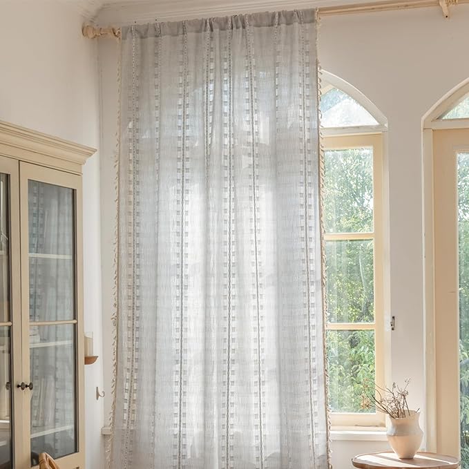 Deeprove Silver Grey Boho Curtain 84 inches Length for Living Room Bedroom Nursery Doorway, Cream Bohemian 84 inches Long, Stripe Embroidery Privacy Window Fringe Christmas Decor W52 x L84, 1 Panel
