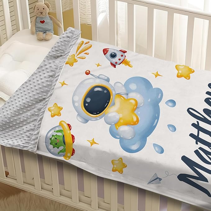 Personalized Baby Blanket with Name, Custom Space Astronaut Theme Blanket for Kids, Soft Flannel Bed Throw Blanket Swaddle for Newborn, Customizable Baby Gift & Nursery Blanket(60" x80)