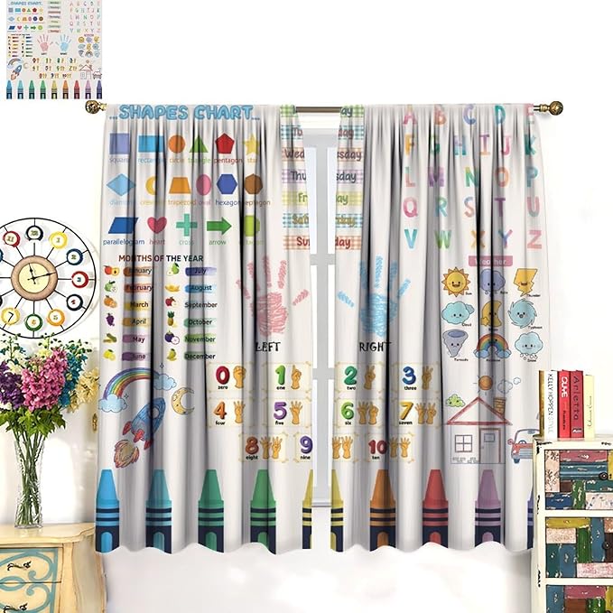 Kids Educational Alphabet Curtain,Boho Watercolor Alphabet Pastel Numbers Shapes Colors for Girls Child Nursery Home Kids Printed Rod Pocket Blackout Window Drapes for Bedroom Living Room 63"W X 63"L