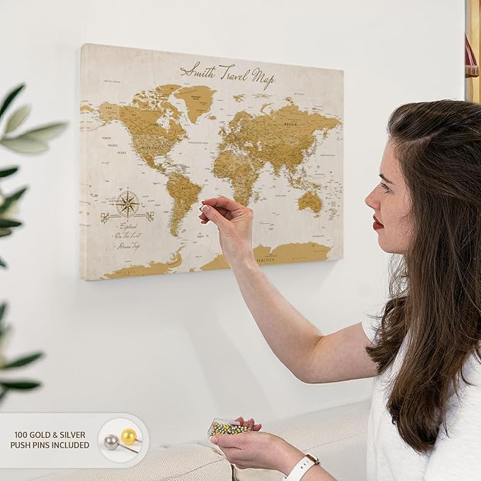 ElephantStock - Personalized Travel Push Pin World Map Wall Art - Horizontal Canvas Wall Art - Living Room Wall Decor - Digital Art Map Canvas Art - Orange And Beige Decor - 24" x 16"