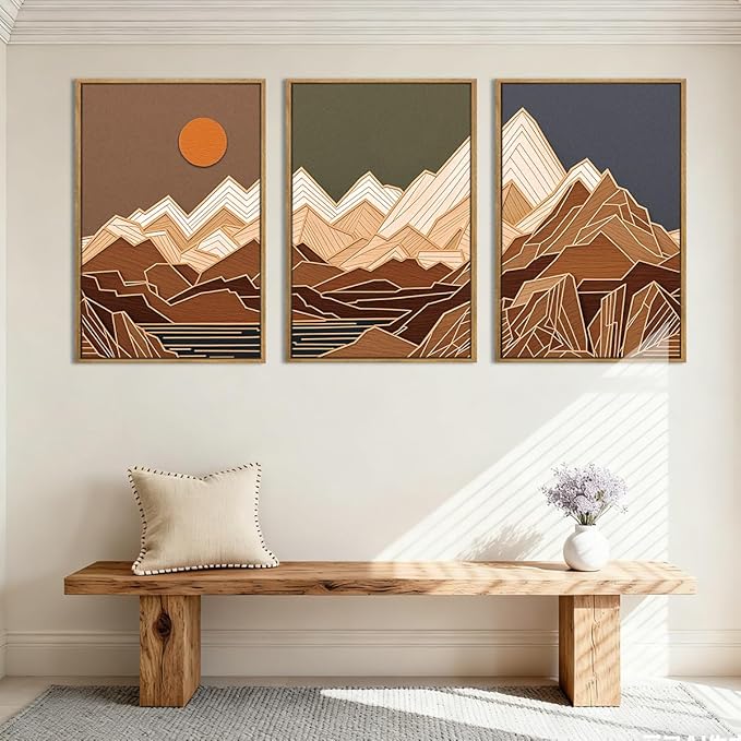 IARTTOP Large Mountain Framed Canvas Wall Art 16x24 Inch Set of 3 Abstract Mountain Woodcut Wall Decor for Living Room Bedroom Office