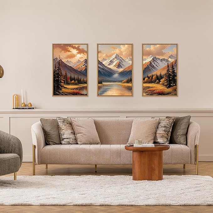 FWIEXA Fall Mountain Framed Canvas Wall Art Set, Autumn Pine Tree Forest Modern Wall Decor, Grassland River Artwork, Woodland Landscape Scenery Prints for Living Room, Office - Size 16"x24"x3