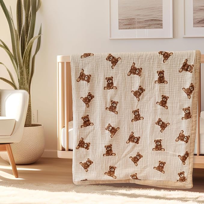 Little Jump 2 Layers Muslin Cotton Baby Blankets - Teddy Bear Toddler Quilt Crib Blanket - Gender Neutral Crib Blanket for Baby Boys and Girls 47"x 47" (Teddy Bears)