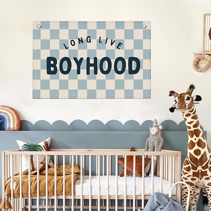 Lacama Blue Long Live Boyhood Boys Room Decor, Boy Nursery Decor, Linen Banner Wall Hanging Canvas Banner Flag Decor for Toddler Boy Room Nursery 30x20 In