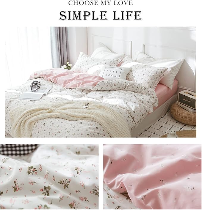 HighBuy Floral Girl Duvet Cover Twin XL Size Cotton White Pink Coquette Bedding Comforter Covers Twin XL Bedding Set Lightweight Soft Aesthetic Garden Style with Zipper Closure for Children