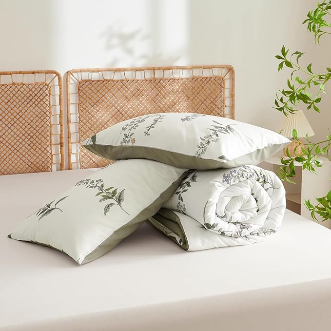 Nayoroom Floral Comforter Set Queen Size Reversible White Green Botanical Flower Comforter 3 Pieces Soft Lightweight Cottagecore Bedding Set for All Seasons
