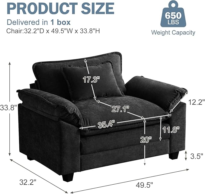 CDCASA Oversized Accent Chair, Chenille Comfy Cloud Sofa Chair with Large Seat and Upholstered Armrests, Modern Extra Wide Armchair Reading Chairs for Bedroom, Living Room,Black