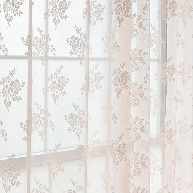 Blush Pink Lace Curtains 45 Inch Length, 2 Panels, W42 x L45 Inch Each, Country Rustic Floral Coquette Sheer Lace Curtains for Kitchen Window Rod Pocket Light Filtering Privacy Short Lacy Tier Curtain