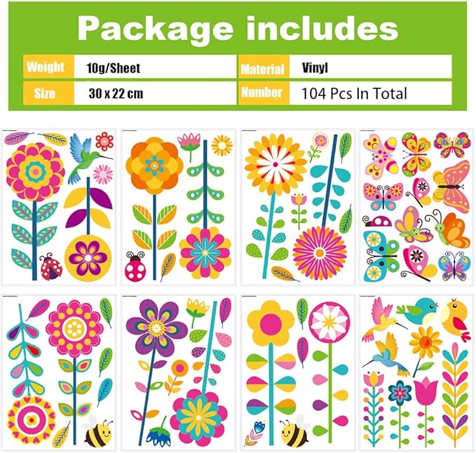 124 Pcs Spring Garden Wall Decals – 16 Sheets Waterproof Vinyl Flower Stickers for Baseboard Skirting Board, Peel and Stick Floral Decals with Butterflies Bees Birds for Nursery Kids Room Classroom