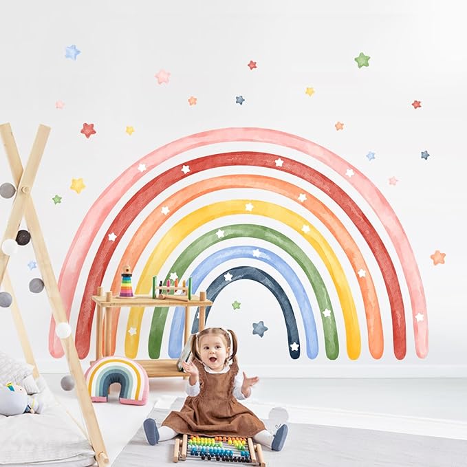 Tanlaby 77" X 47" Large Rainbow Wall Stickers Watercolor Stars Wall Decals Peel and Stick Giant Art Decor for Baby Nursery Girls Bedroom Kids Playroom Daycare Classroom