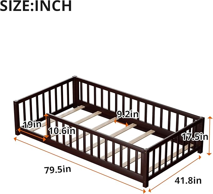 LLS Twin Floor Bed for Children, Durable Montessori Floor Bed with Sturdy Slats and Safety Fence, Solid Wood Floor Bed Frame for Girls Boys and Teens, Espresso (Without Door)