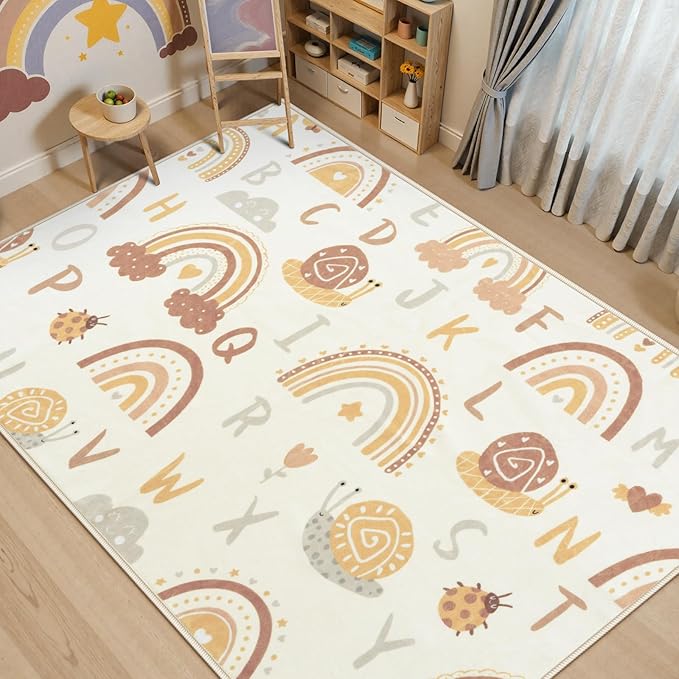 LIVEBOX Kids Rainbow ABC Alphabet Bedroom Rug 5x7, Washable Playroom Rug for Girls,Non Slip Soft Cute Kids Room Carpet Mat (Orange)