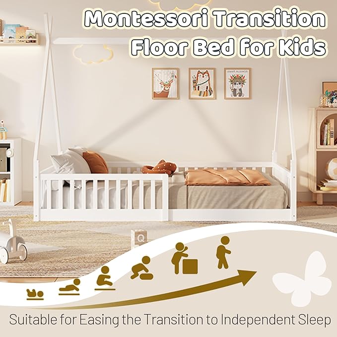 Twin House Bed with Fence Rails, Wood Montessori Floor Bed with Slats Support, Twin Size Teepee Tent Beds Kids Bed Frames for Girls Boys,White