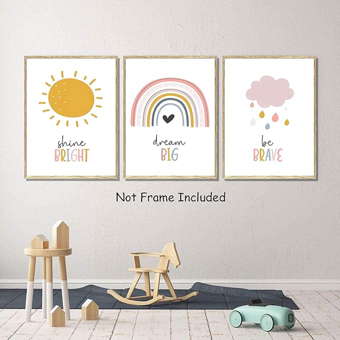 LUHDFYS Boho Rainbow Nursery Wall Art,Dream Big Canvas Print,Rainbow Sun Cloud Inspirational Poster,Unframed Kids Room Decor