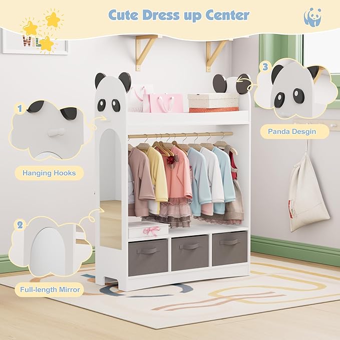 Kids Dress Up Storage Rack Mirror Wood Child Wardrobe 2 Hooks 2 Fabric Bins Toddler Closet Girls Boys Open Hanging Armoire Storage Shelf Coat Costume Hat Shoe (White/Panda/Three Drawers)