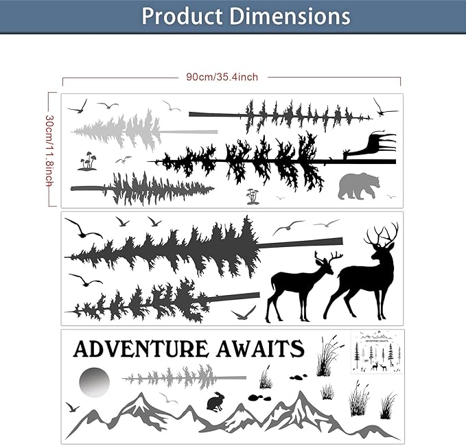 3 Sheets Woodland Nursery Wall Decals Forest Deers Wall Stickers Bears Pine Tree Home Decal Inspirational Quote Mountain Animal Sun Home Stickers DIY Wall Decals for Kids' Room