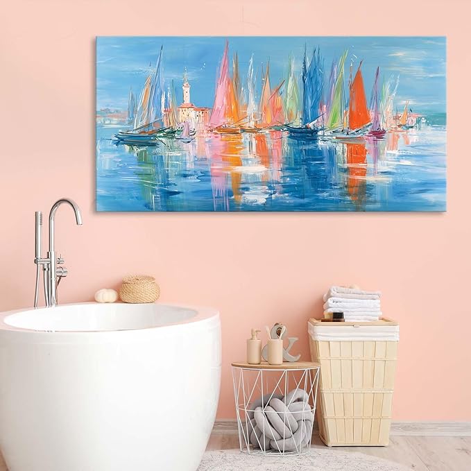Nautical Sailboat Wall Art for Living Room Blue Ocean Theme Canvas Print Modern Abstract Coastal Picture Cityscape Painting Colorful Venice Coastal Scene Seaside Bedroom Bathroom Artwork 12x24inch