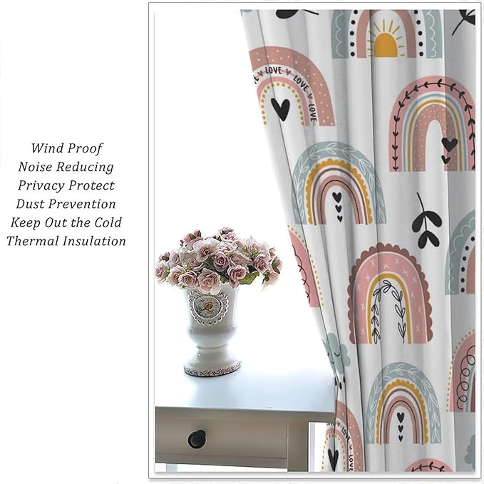 Kids Rainbow Curtains Boho Cartoon Colorful Stars Love Heart Lovely Abstract Art Pattern Print Window Drapes for Girl Bedroom Living Room Kitchen Decor,2 Panel Set,42Wx45H Inch Blackout