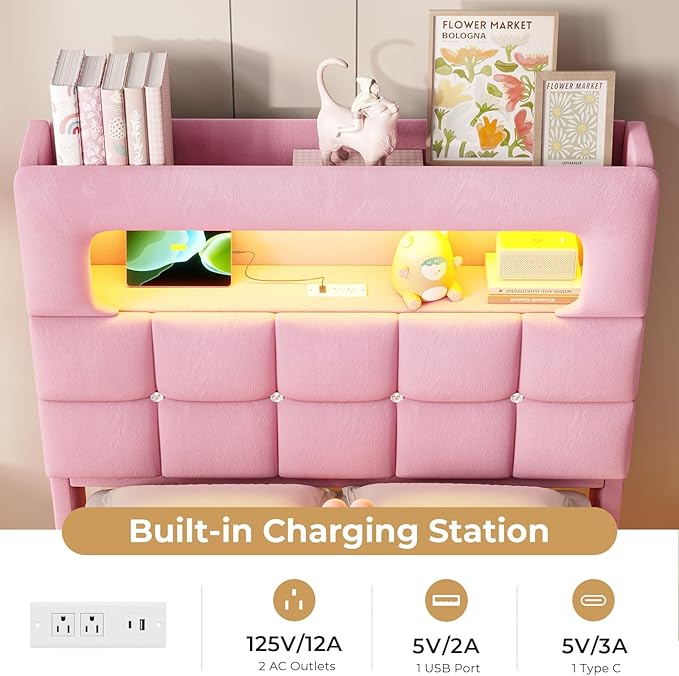 MSmask Twin Upholstered LED Bed Frame with 2-Tier Storage Bookcase Headboard, Velvet Princess Bed with Crystal Button Tufted Headboard & Charging Station, Girls Platform Bed, Curved Legs, Pink