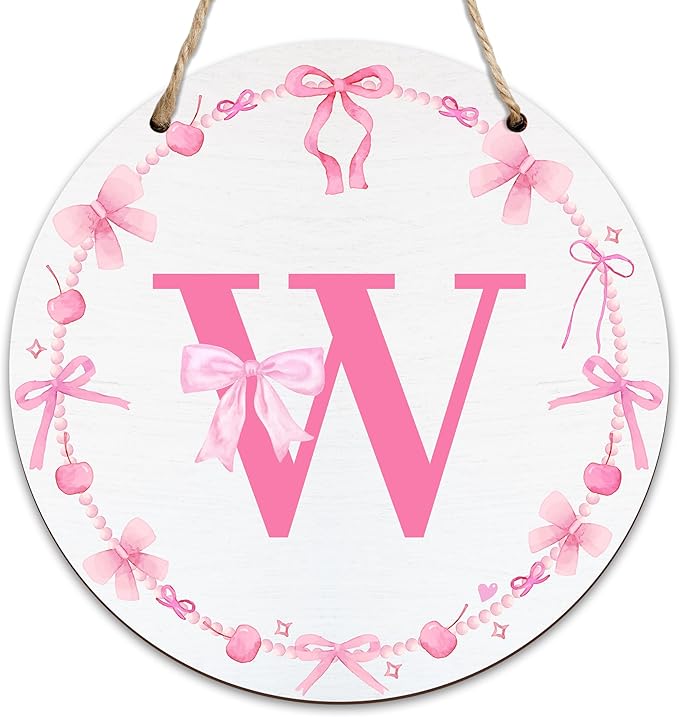Monogram Round Sign For Front Door, Cherry Bow Theme Sign For Porch Art Wall Door, Initial Signs Hanging Ornament For Indoor Outdoor, Decorations Gifts For Four Seasons Rustic Home Kitchen, W, A23