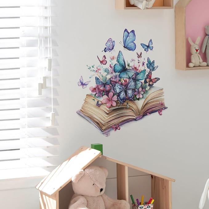 Magic Book Wall Decals Colorful Flower Butterfly Wall Stickers, Purple Butterflies Decoration for Girls & Boys Bedroom Removable Vinyl Peel and Stick for Living Room, Bathroom, Library
