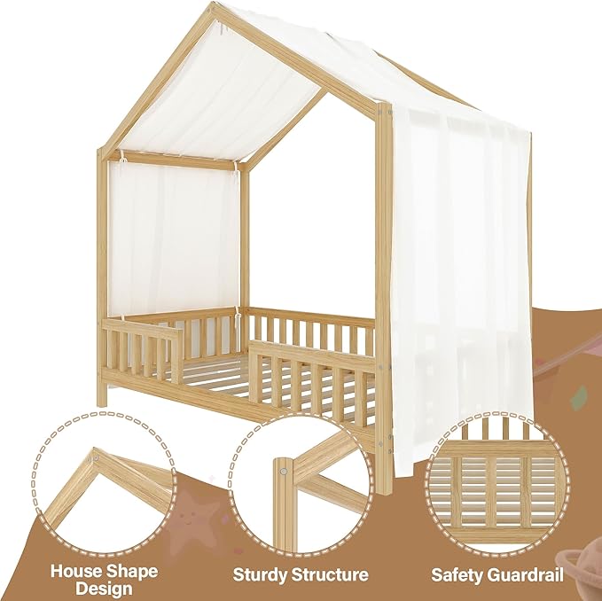 Montessori Floor Bed with Canopy, High Railings and Roof, Twin Size Wood House Bed Frame for Kids Bedroom (Natural/C2)
