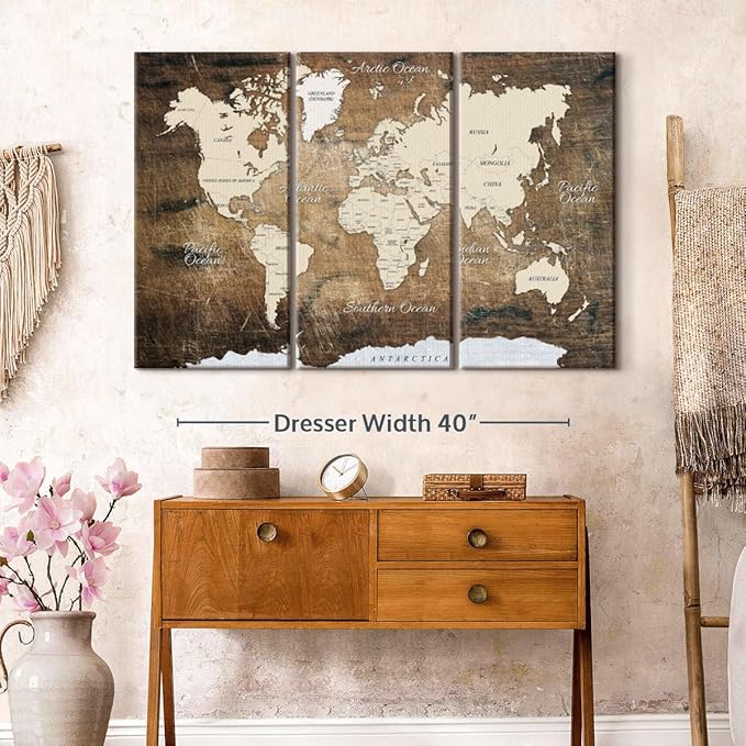 ElephantStock Aged Brown World Map I Wall Art - 3 Piece Canvas World Map Wall Decor - Ready-to-Hang Canvas Print - Vintage Wall Art - 50" X 32"