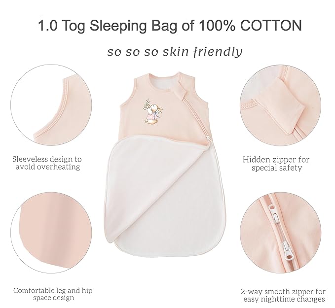 Baby Sleep Sack 1.0 Tog, 100% Cotton 2 Pack Wearable Blanket Sleeping Bag for Babies and Newborn, XL(18-24M), Pink