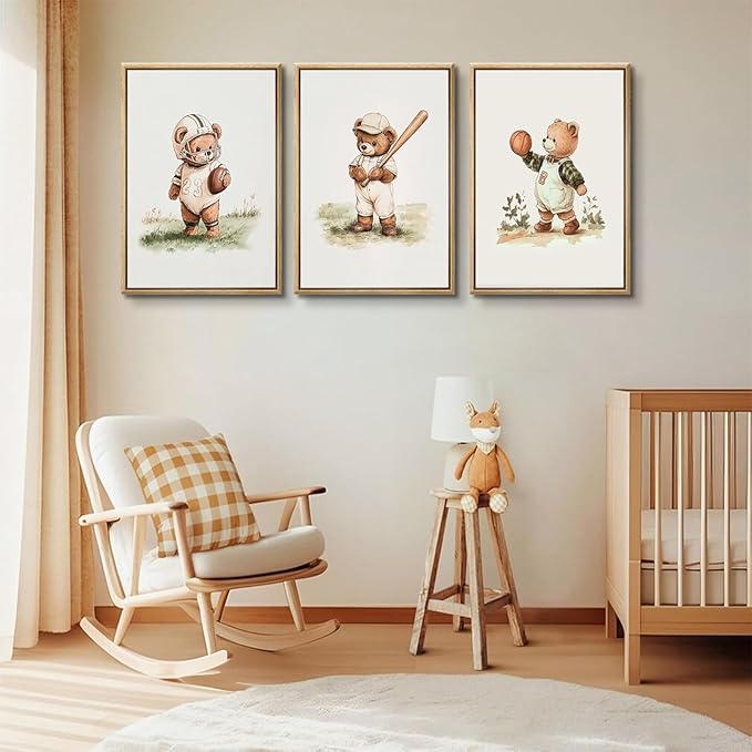 3Pcs Nursery Teddy Bear Canvas Wall Art Vintage Sports Bear Wall Decor Sports Boys'Room Artwork Prints Basketball Football Baseball Painting Pictures for Children's Room Boys' Room (16x24in poster)