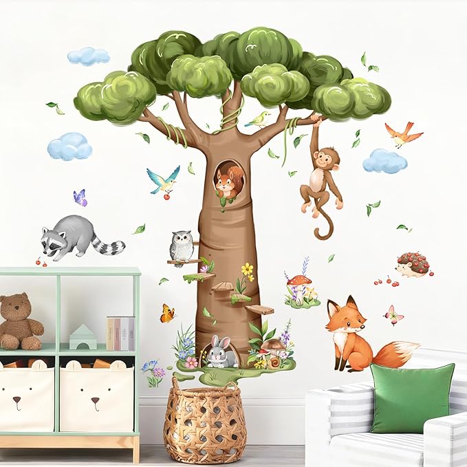 Tanlaby Woodland Animal Tree Wall Decals Rabbit Fox Monkey Baobab Tree Wall Stickers Peel and Stick Art Decor for Baby Nursery Kids Bedroom Toddler Room Decor