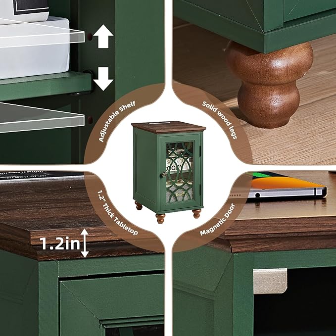Narrow Side Table with Charging Station, Night Stand with Glass Door, Bedside End Tables with Adjustable Shelf Storage Cabinet,Wood Nightstand for Small Spaces Living Room Bedroom