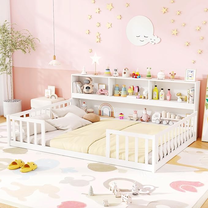 KOMFOTT Full Floor Bed with Bookcase & Shelves, Wood Bed Frame with Bedside Bookshelves & Guardrails, Versatile 2-in-1 Montessori Floor Bed for Kids (White)