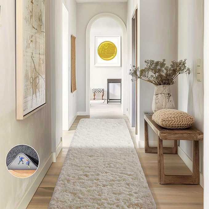 Ophanie 2x8 Runner Rug for Hallway, Upgrade Non-Slip Fluffy Soft Bedside Rugs, Bedroom Living Room Ivory Shaggy Carpet for Kids Girls Boys Dorm Nursery Home Decor Aesthetic