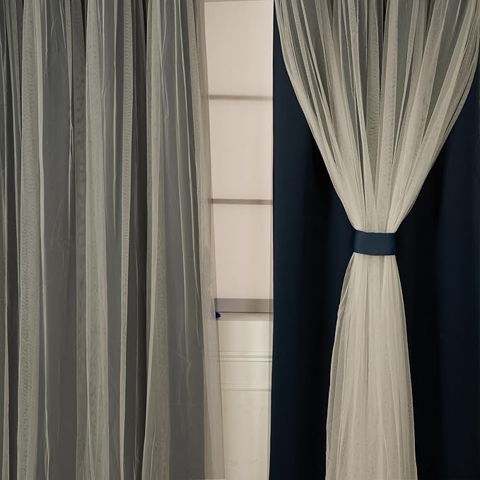 INLINAS Navy Blue Blackout Curtains with Sheer Overlay - Back Tab and Rod Pocket Thermal and Noise Reduction Panels for Bedroom and Living Room Light Blocking and Energy Saving, 52 x 63 Inch, Set of 2