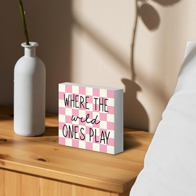 Where The Wild Ones Play Wood Box Sign Desk Decor 5X5, Nursery Kids Room Wooden Block Sign Decorations for Playroom Toddler Room Wall Tabletop Shelf Decor