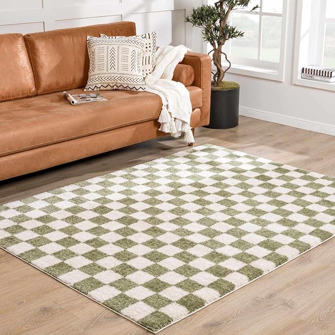BoutiqueRugs Canika Modern Checkered Shag Runner Rug - High Pile Fluffy Shaggy Carpet for Hallway, Nursery, Playroom, Girls Boys Room - Machine Washable - Peach, Lime Green - 2'7" x 7'3" (2x8)