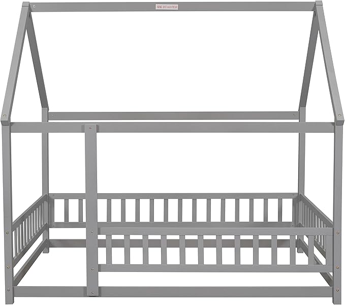 Bellemave Full Size House Bed Frame for Kids,Full Floor Bed,Wooden Montessori Floor Bed with Fence and Roof,Full Kids Bed Frame for Girls,Boys,Gray