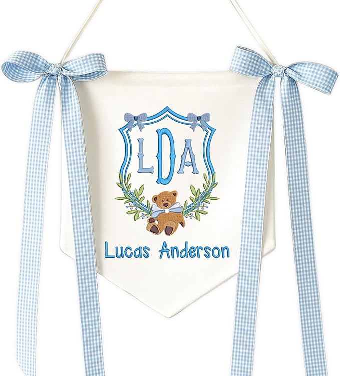 Embroidered Baby Name Sign with Bows Personalized Baby Announcement Sign Newborn Baby Banner Baby Hospital Name Sign Canvas Hanging Pennant Flag Custom Infant Baby Name Baby Shower Banner (06)