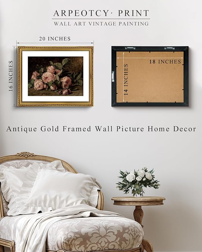 ARPEOTCY Vintage Gold Framed Large Wall Art, Retro Still life Pink Roses Canvas Prints Artwork with Antique Frame, Victorian Wall Paintings Decor for Living Room Gallery, 16x20 inch