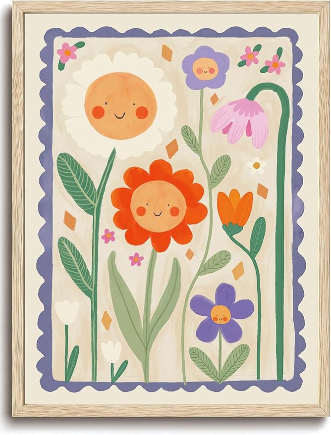 KISSFOX Framed Wall Art Nursery Wall Decor Sunflower Pictures Kids Cute Smiling Floral Canvas Art Colorful Sweet Paintings Whimsical Botanical Artwork For Children Boys Girls Room Playroom