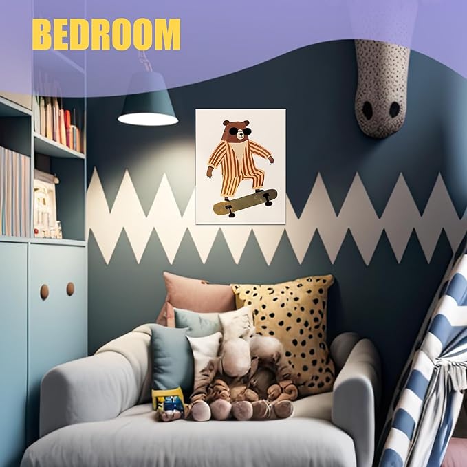 URLLUAE Trendy Sunglasses Bear Canvas Poster Prints 11x14 Inch, Woodland Animal Nursery Decor, Funky Skateboard Bear Animal Canvas Prints Wall Decor for Kids Room Nursery Playroom Classroom