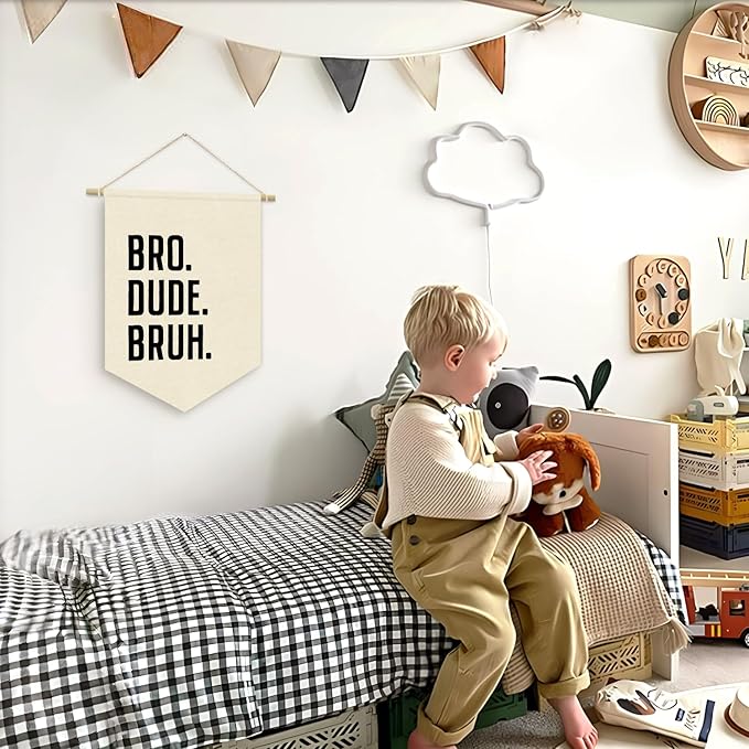 Boy Nursery Decor, Boys Room Banner Decor, Playroom Wall Decor, Bro Dude Bruh Wall Hanging Pennant Flag Banner Decor for Nursery Classroom Playroom Kids Room, Playroom Essentials