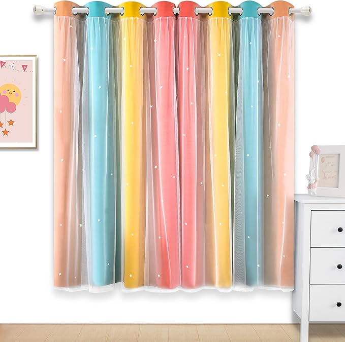 Kinryb Nursery/Kids/Girls Room Star Cut Out Blackout Rainbow Curtain with Sheer Overlay 2 Panels, Each 52 inch Wide,72 inch Length with White Gauze,Ombre Stripe Rainbow Curtains (2 Panels,52x72 Inch)