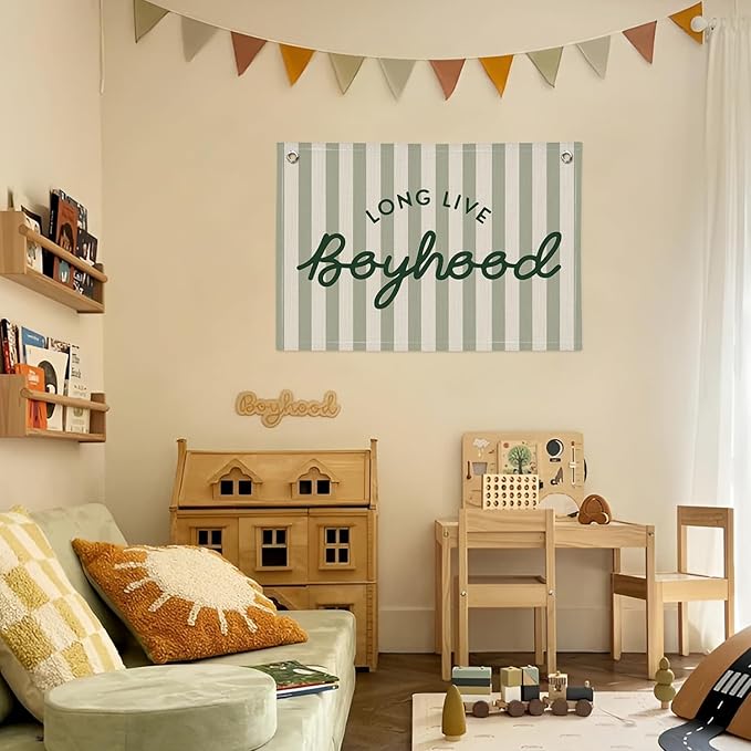Long Live Boyhood Banner, Boy Nursery Decor, Canvas Banner Wall Hanging Flag Decor for Nursery Playroom Toddler Room, Boys Kids Room - Sage Green