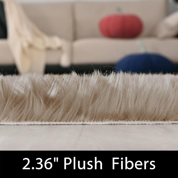Latepis Washable 3x4 Light Brown Sheepskin Fluffy Shag Plush Faux Fur Rug for Living Room Bedroom Dorm Room Throw Rectangle