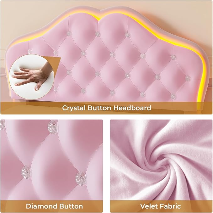 ADORNEVE Twin Size Upholstered LED Bed Frame, Girls Bed with Adjustable Crystal Button Headboard, Velvet Princess Platform Bed for Girls, Solid Wooden Slats, Easy Assembly, Pink
