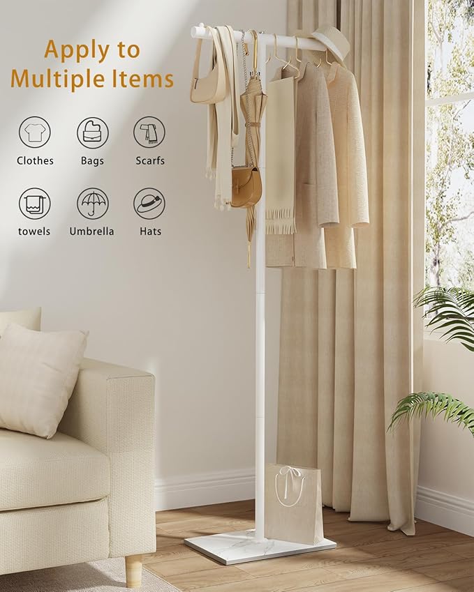 OUTBROS Coat Stand with Rock Slab Base, T-shaped Metal Freestanding Clothes Rack for Clothes, Modern Hanger Stand, for Entryway, Living Room, Bedroom, 68.9 Inches High, White