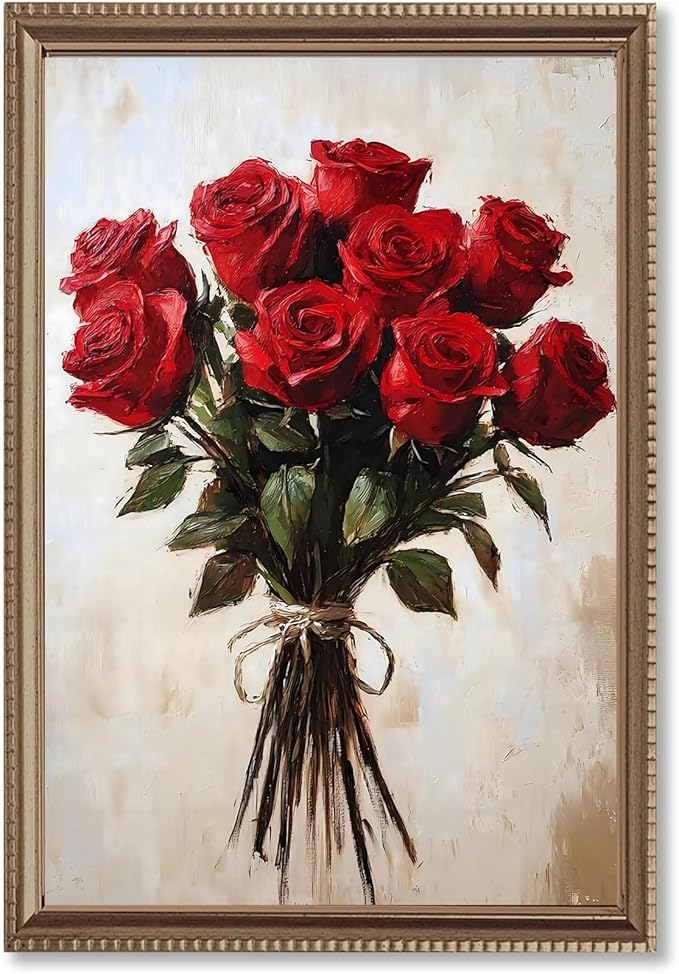 Vintage Flower Canvas Wall Art Red Rose Painting French Country Flowers Prints Farmhouse Rose Poster Floral Still Life Prints Retro Flower Botanical Painting Red Floral Posters 16x24inch Frameless
